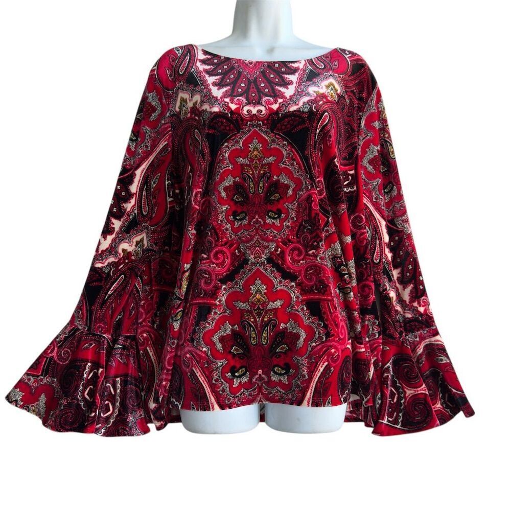 Chico's 3 Paisley Velvet Top Women's XL Red Keyhole Blouse Witchy Whimsigoth